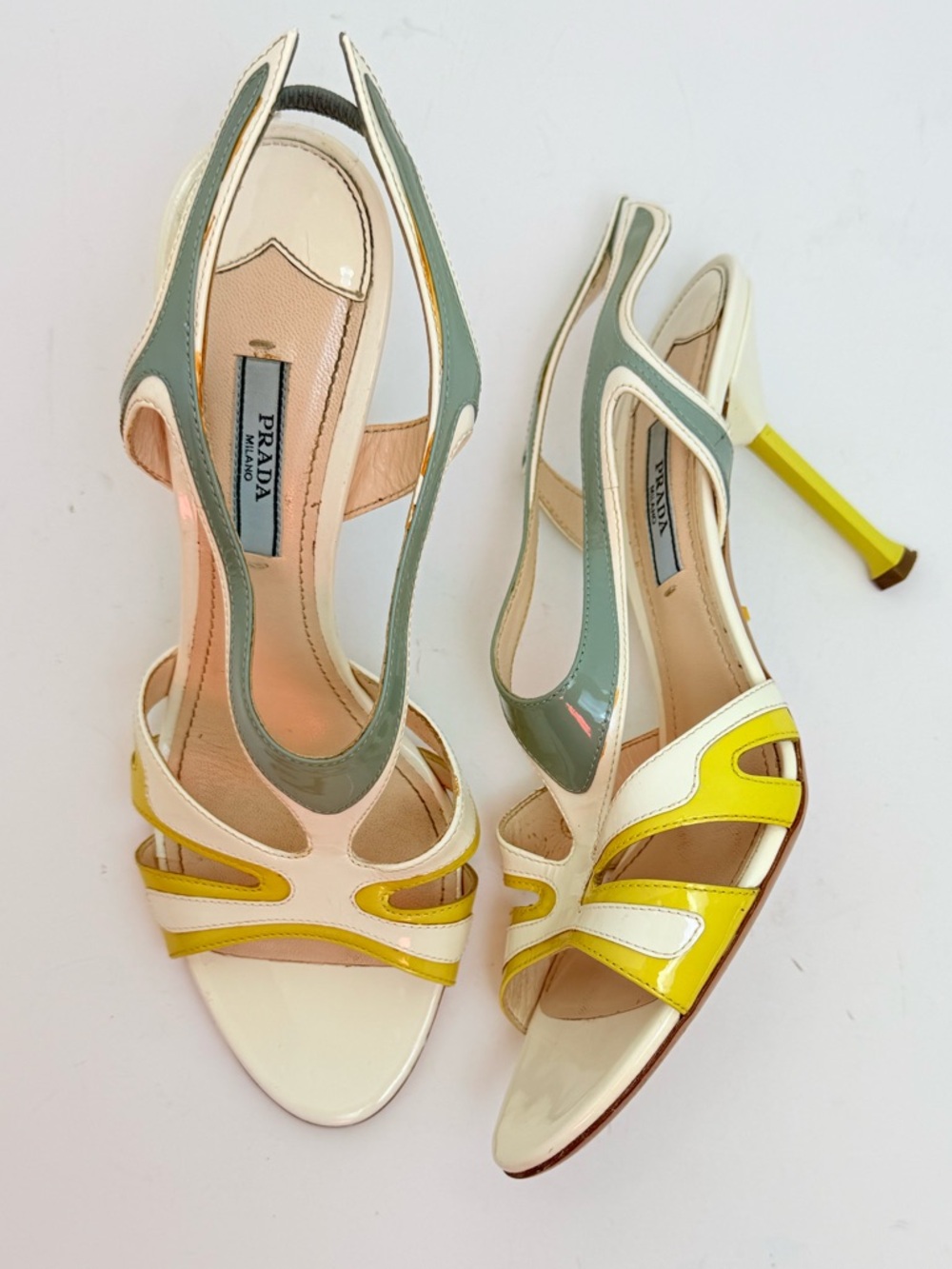 Prada 2012 Hot Rod Flame Patent Cutout Slingback Heels 38 Ivory Yellow Sage - Picture 3 of 13